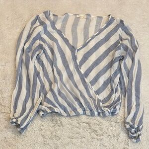 REBELLION Blouse Womens Size M Blue White Striped Long Sleeve Cross Over V-Neck